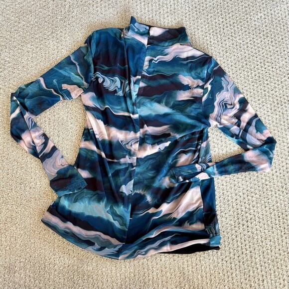 ANNE KLEIN ZIP BLOUSE BLUE MULTI MESH STRETCH SMALL LONG SLEEVE TURTLENECK - Picture 9 of 11
